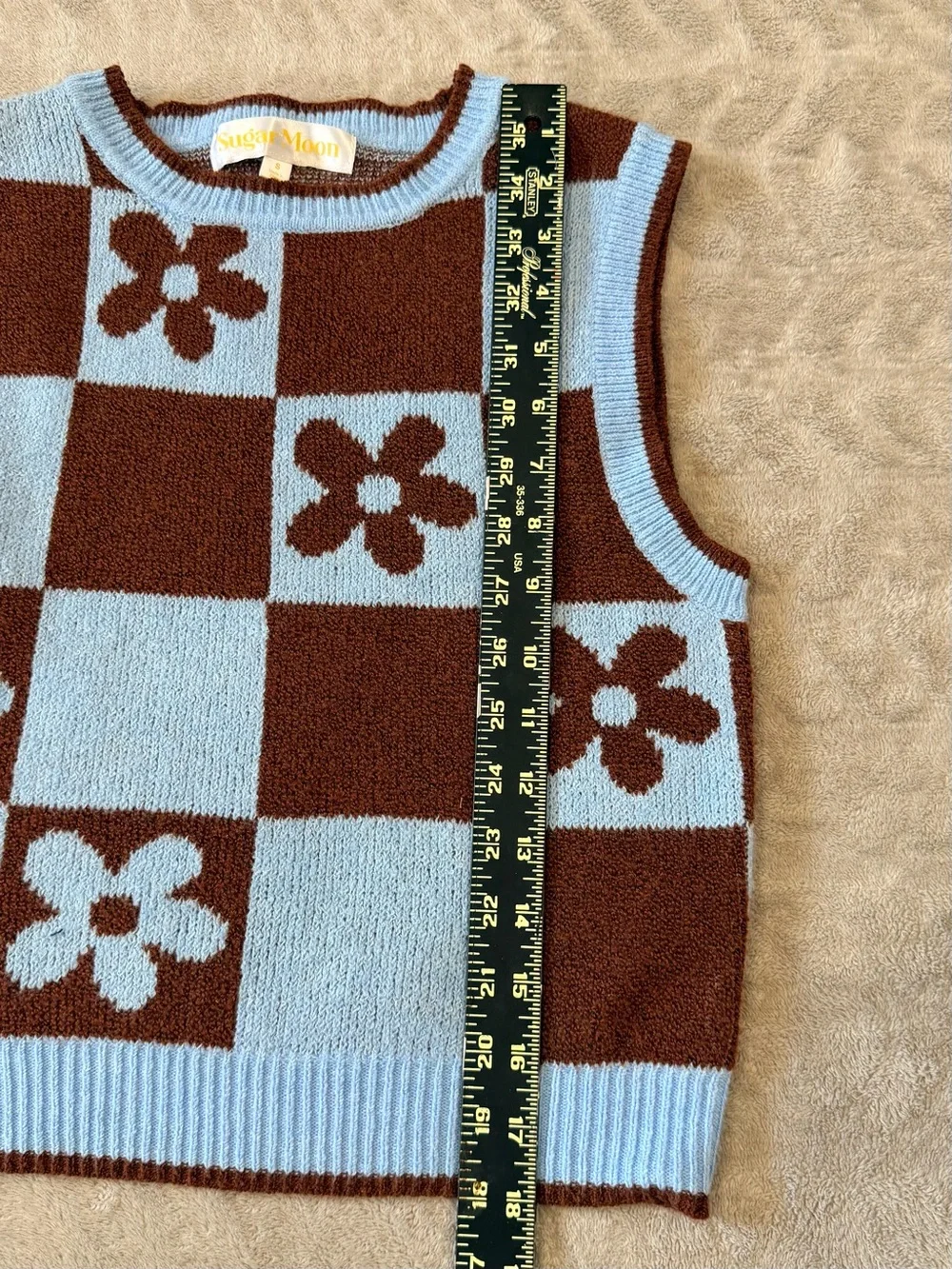 Sugar Moon Blue & Brown Floral Checkered Knit Sweater Vest Small 90s Y2K